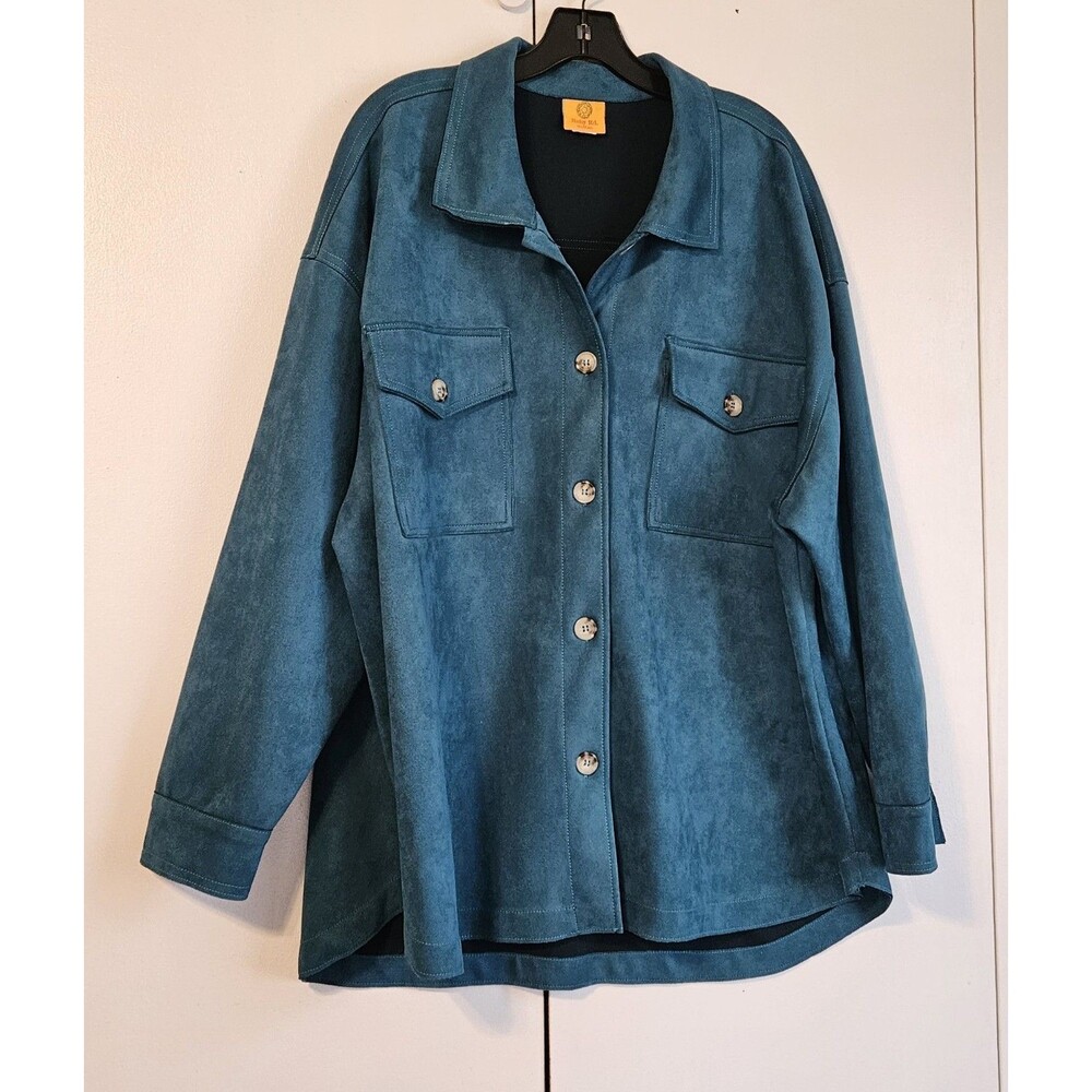 Ruby Rd Faux Suede Shirt Womens 2XL 3XL Teal Button Up Jacket Shacket Top